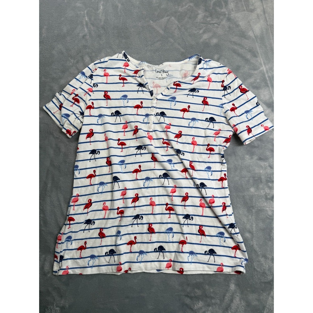 Coral Bay Henley Shirt Womens Small White Flamingo Print Cotton Stretch